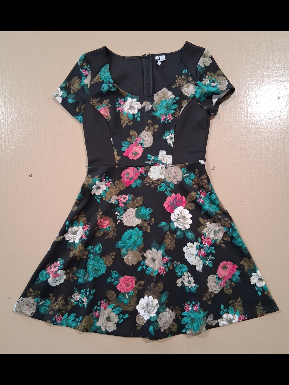 Elle Black Floral Fit-and-Flare Dress with Teal, Pink and White Flowers
